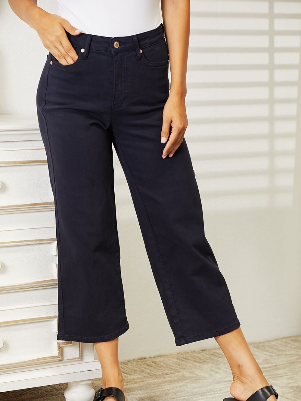 Judy Blue Navy Blue High Rise Tummy Control Wide Crop Jeans
